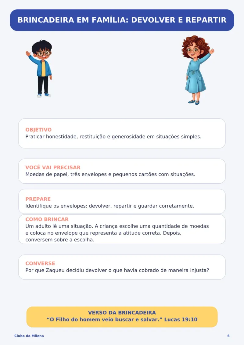 Página do kit com a brincadeira em família, trazendo objetivo, preparo e a conversa do fim.
