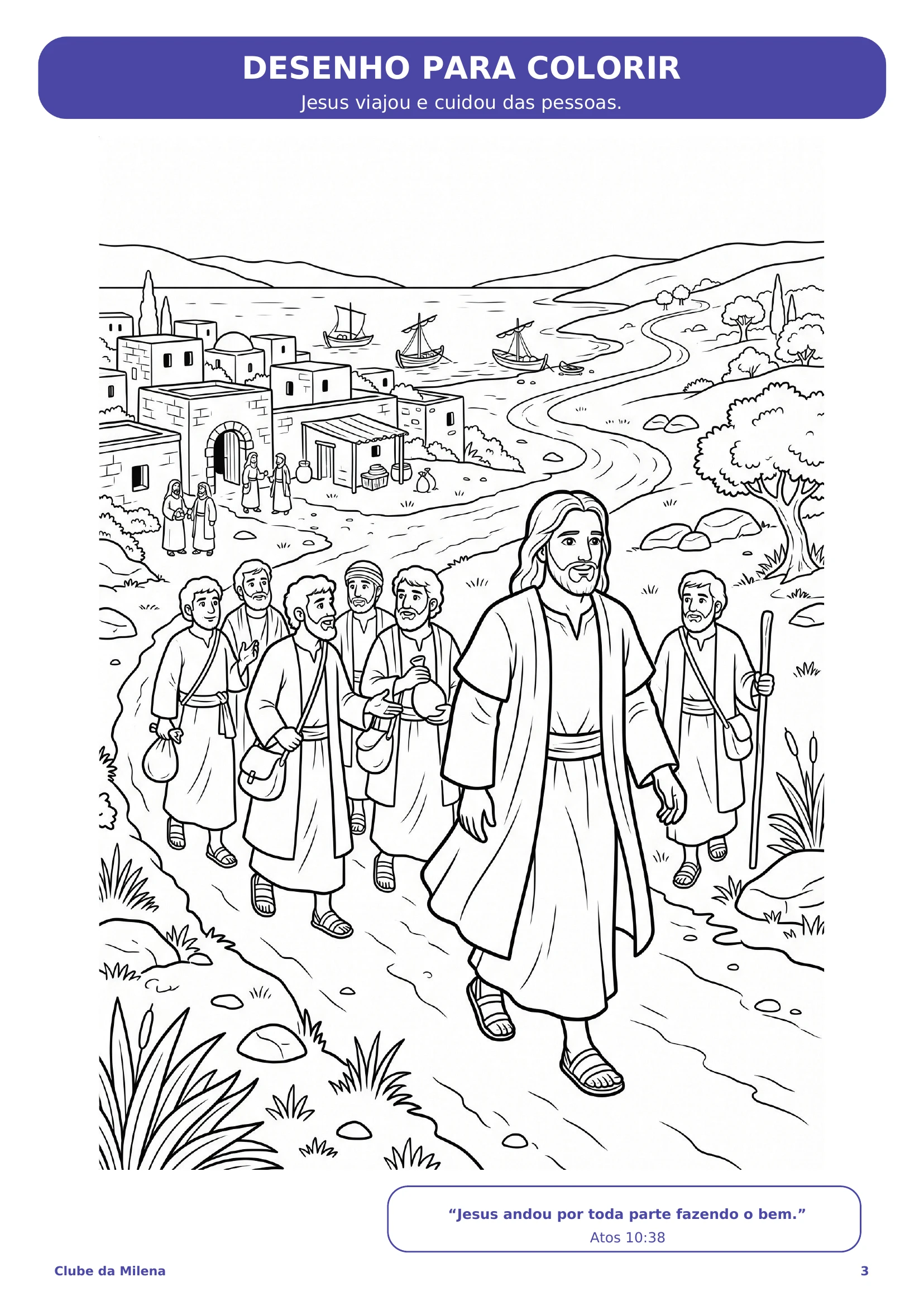 Página do kit com o desenho para colorir da cena da história, no traço da Milena.