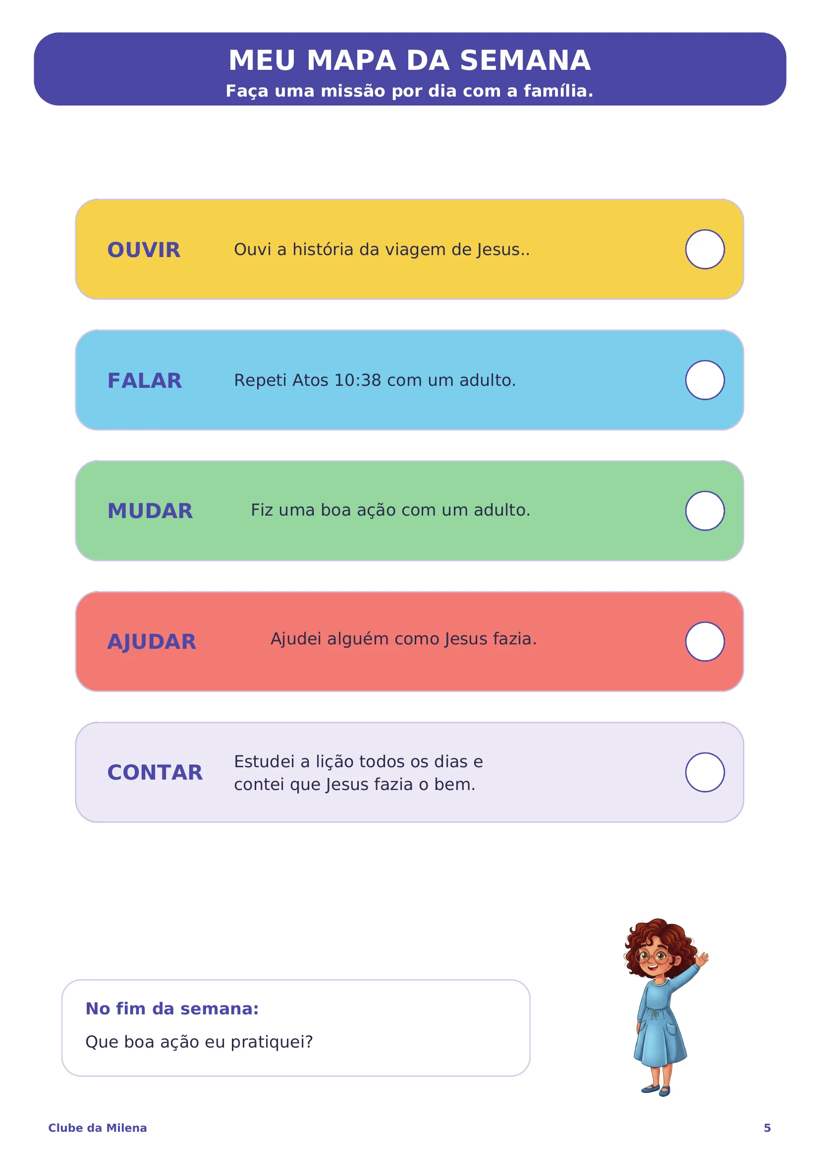 Página do kit com o mapa da semana, uma missão para cada dia, de sábado a sexta.