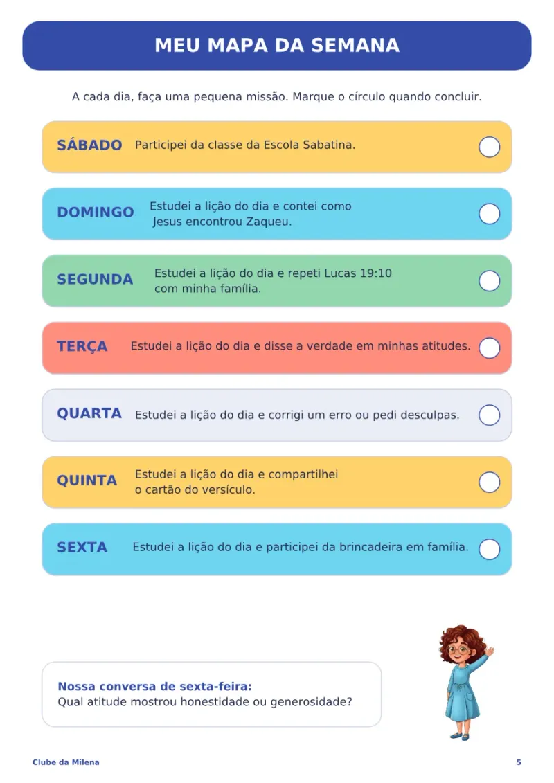 Página do kit com o mapa da semana, uma missão para cada dia, de sábado a sexta.